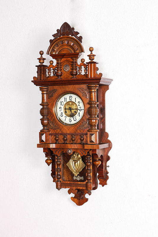 Appraisal: KEINZLE WALNUT GERMAN WALL CLOCK Removable pediment with applied and