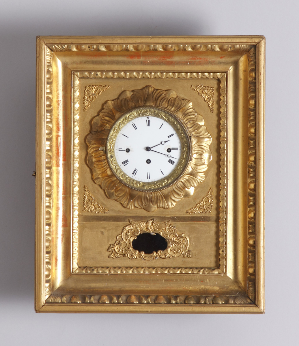 Appraisal: French Picture Frame Gilt Clock Carved and gilded case Missing