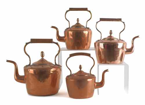 Appraisal: Four dovetailed copper kettles tallest -