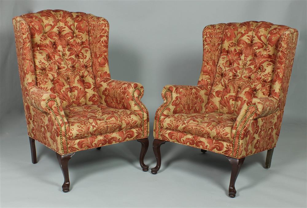 Appraisal: PAIR OF QUEEN ANNE STYLE WING CHAIRS WITH FORTUNY STYLE