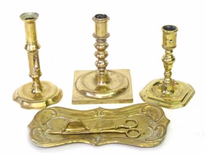 Appraisal: Three brass candlesticks and a brass snuffer and tray th