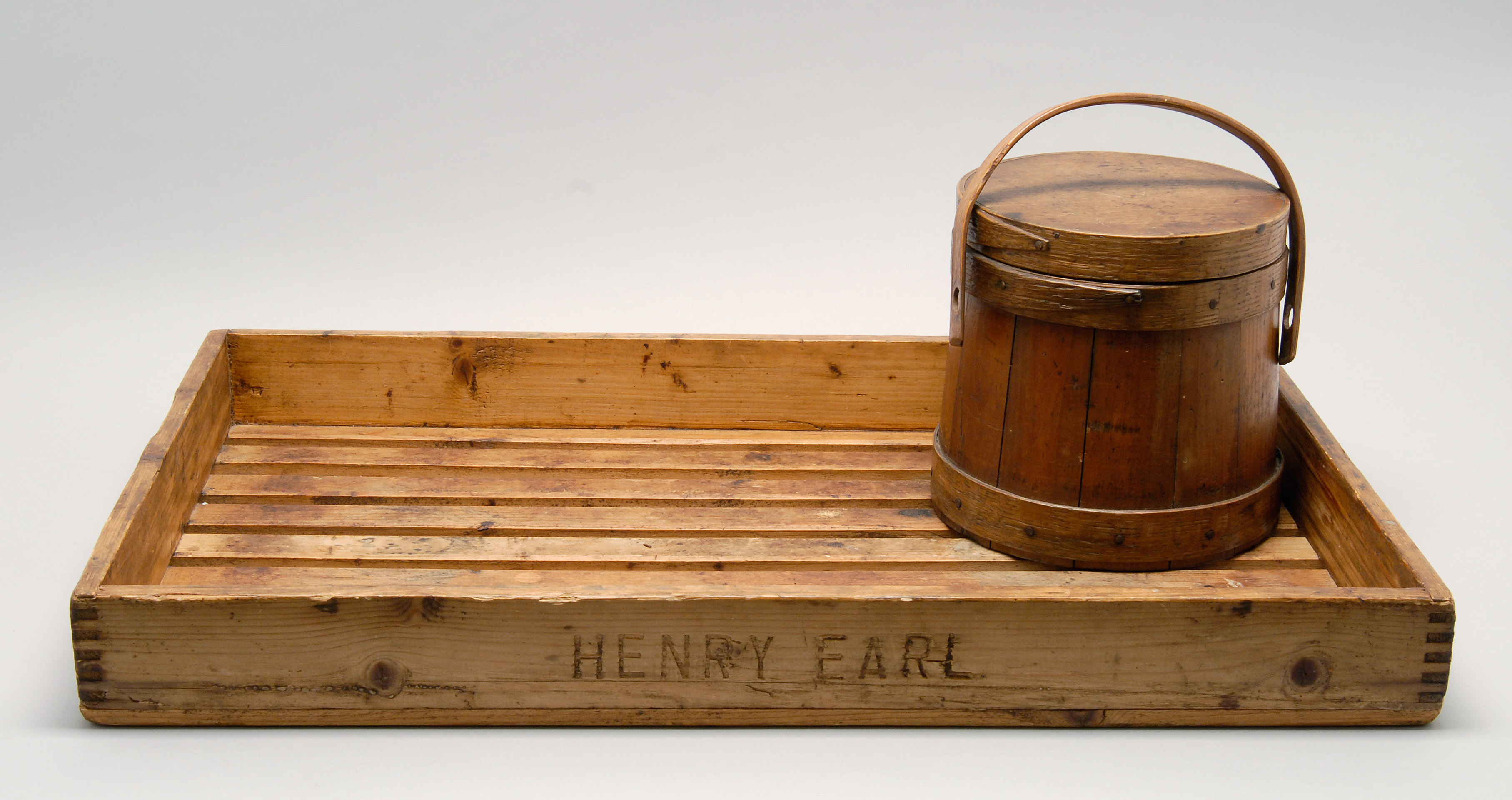 Appraisal: TWO WOODEN ITEMS th CenturyA firkin height and a cranberry