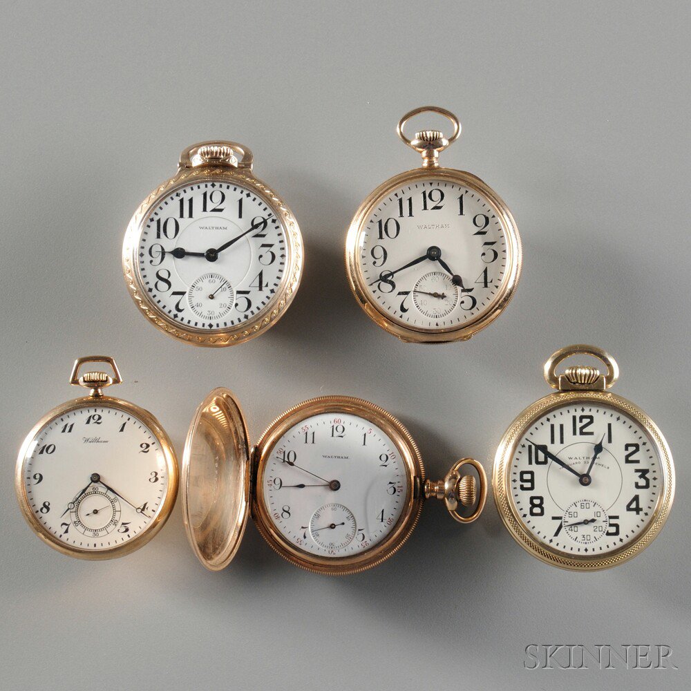 Appraisal: Five Waltham Pocket Watches a -jewel with a porcelain dial