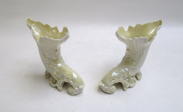 Appraisal: PAIR OF BELLEEK PARIAN PORCELAIN VASES having acanthus leaf affectation