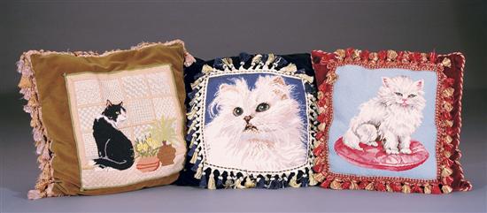 Appraisal: Three decorative throw pillows with embroidered scenes of kittens and