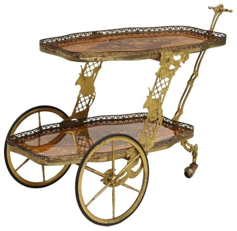 Appraisal: Italian gilt-metal and marquetry two-tier trolley service cart th c