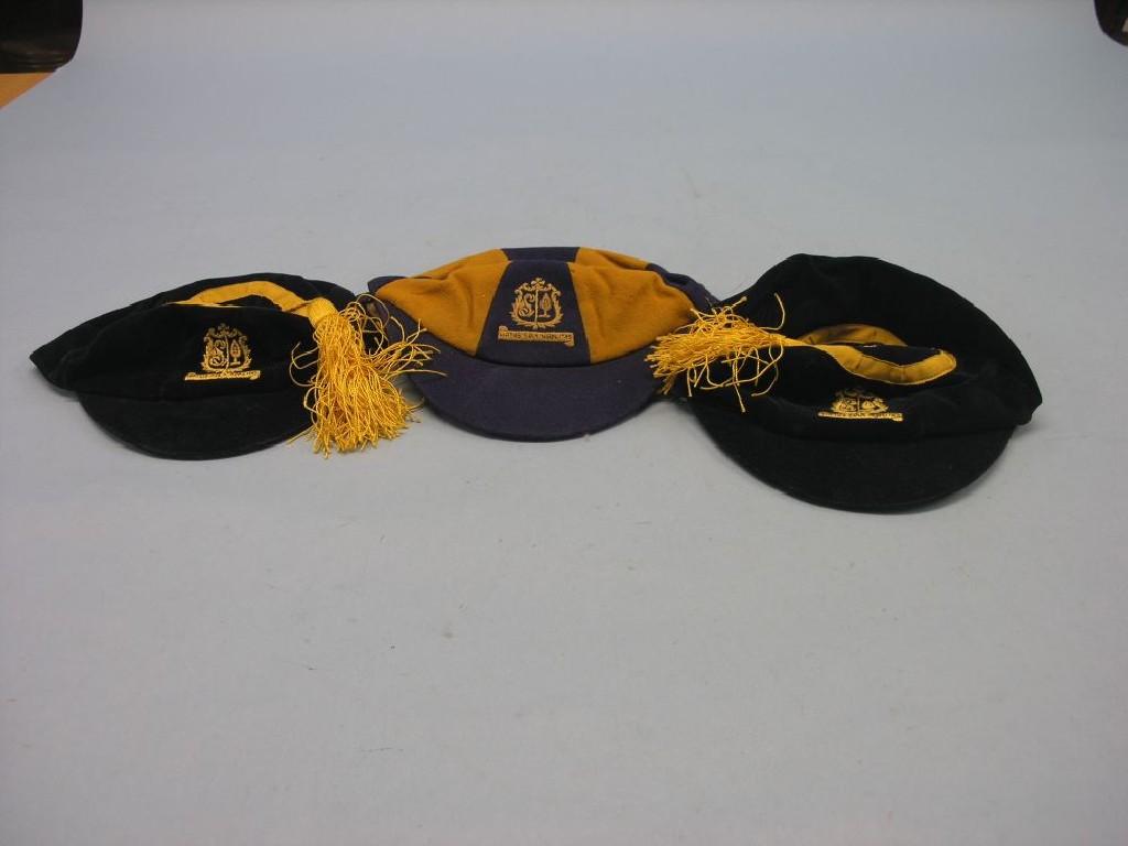 Appraisal: Three sporting school caps and an animal skin waistcoat