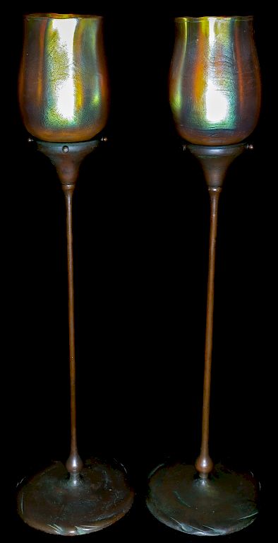 Appraisal: Pair Tiffany Studios Gold Favrile Bronze Candlesticks Pair Tiffany Studios