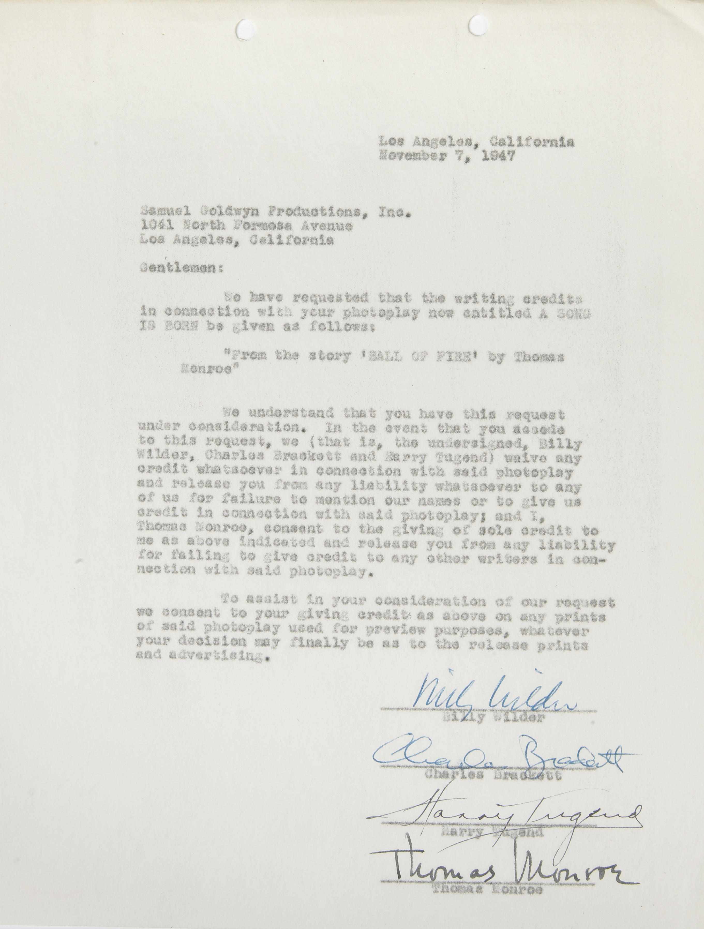 Appraisal: WILDER BILLY Typed Document Signed ''Billy Wilder'' p to Los