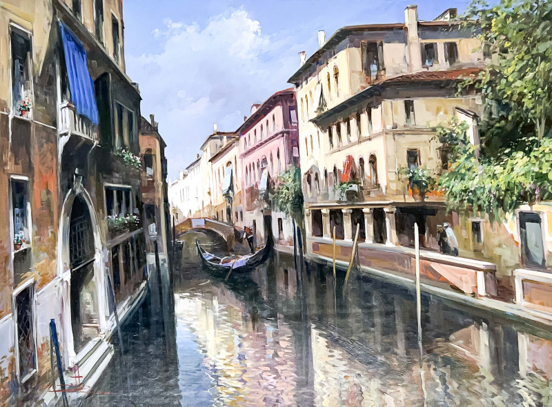 Appraisal: Claudio SimonettiItalian b Untitled Venice Canal oil on canvas unstretched