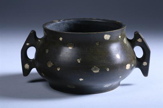 Appraisal: CHINESE GOLD-SPLASHED BRONZE CENSER Four-character mark - in diam Good