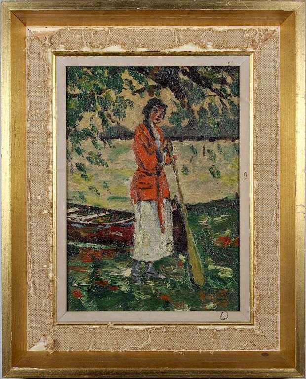 Appraisal: Impressionist Painting of Woman Near River Signed Impressionist Painting of