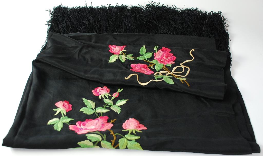 Appraisal: BLACK SILK OBLONG SHAWL embroidered with sprays of red roses