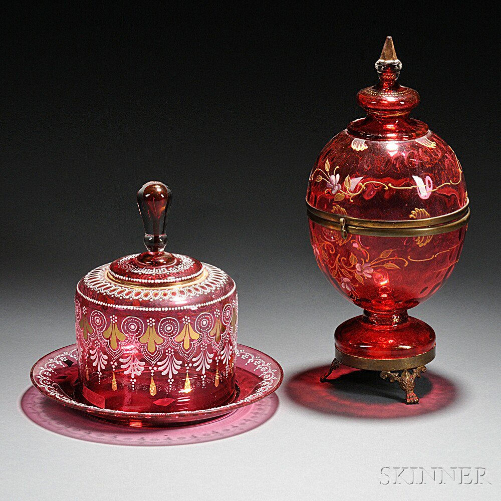 Appraisal: Two Pieces of Gilded and Enameled Cranberry Glass early th