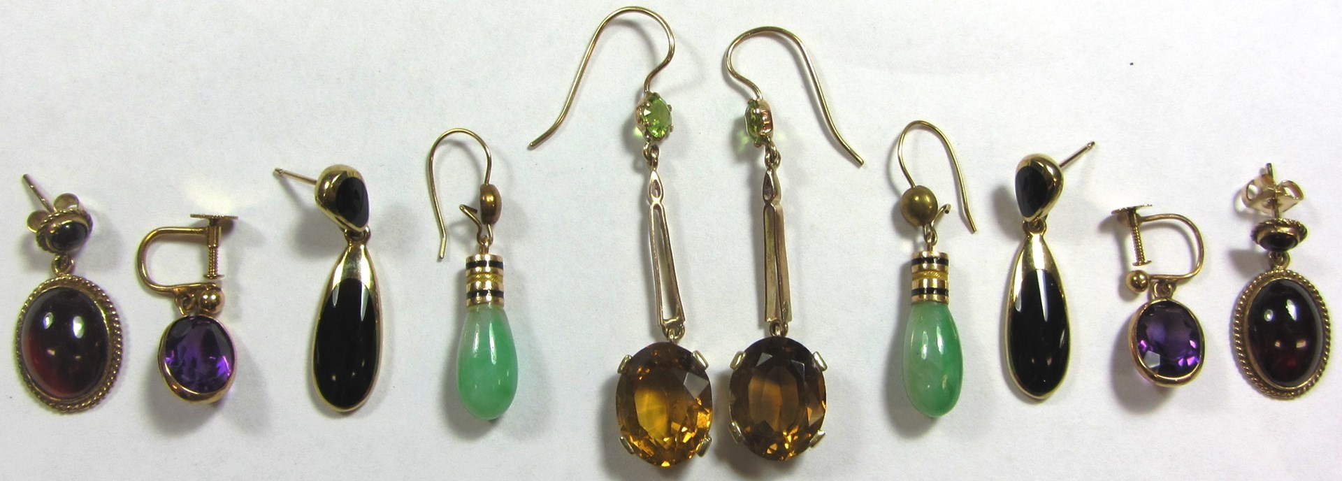 Appraisal: Five pairs of gold and gem set pendant earrings the