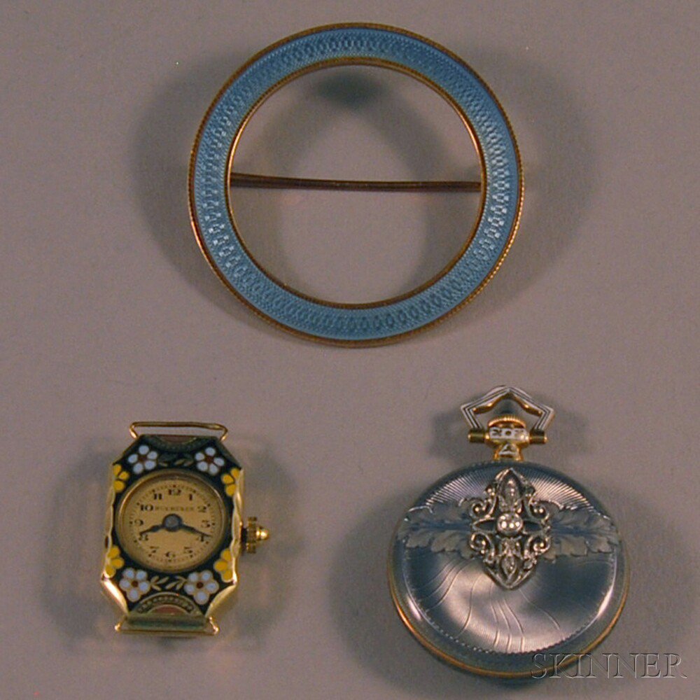 Appraisal: Two Enameled Watches and a Brooch a lady's kt gold