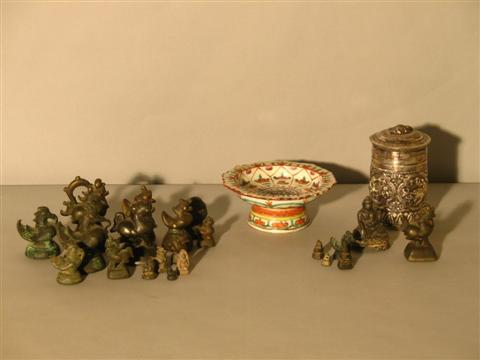 Appraisal: GROUP OF THAI ORNAMENTS Including a small Bencharong porcelain footed