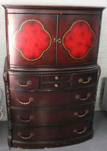 Appraisal: Mahogany Tall Chest with Leather Front CabinetDoors drawers From a