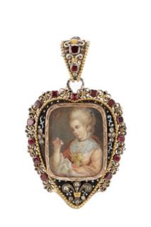 Appraisal: k Gold Garnet Miniature Portrait Pendant French Early th century