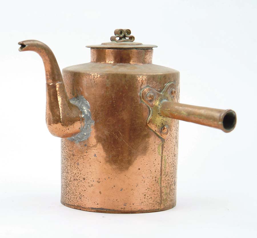 Appraisal: SIDE HANDLED COPPER TEAPOT Removable lid with scroll finial curved