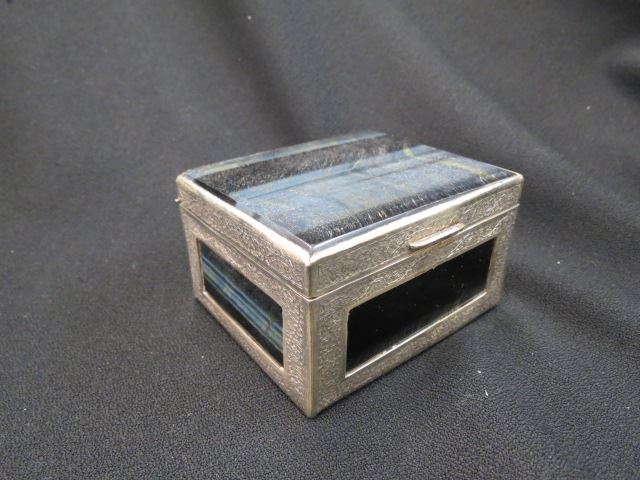 Appraisal: Blue Tigereye Dresser Box ornate silver trim X excellent