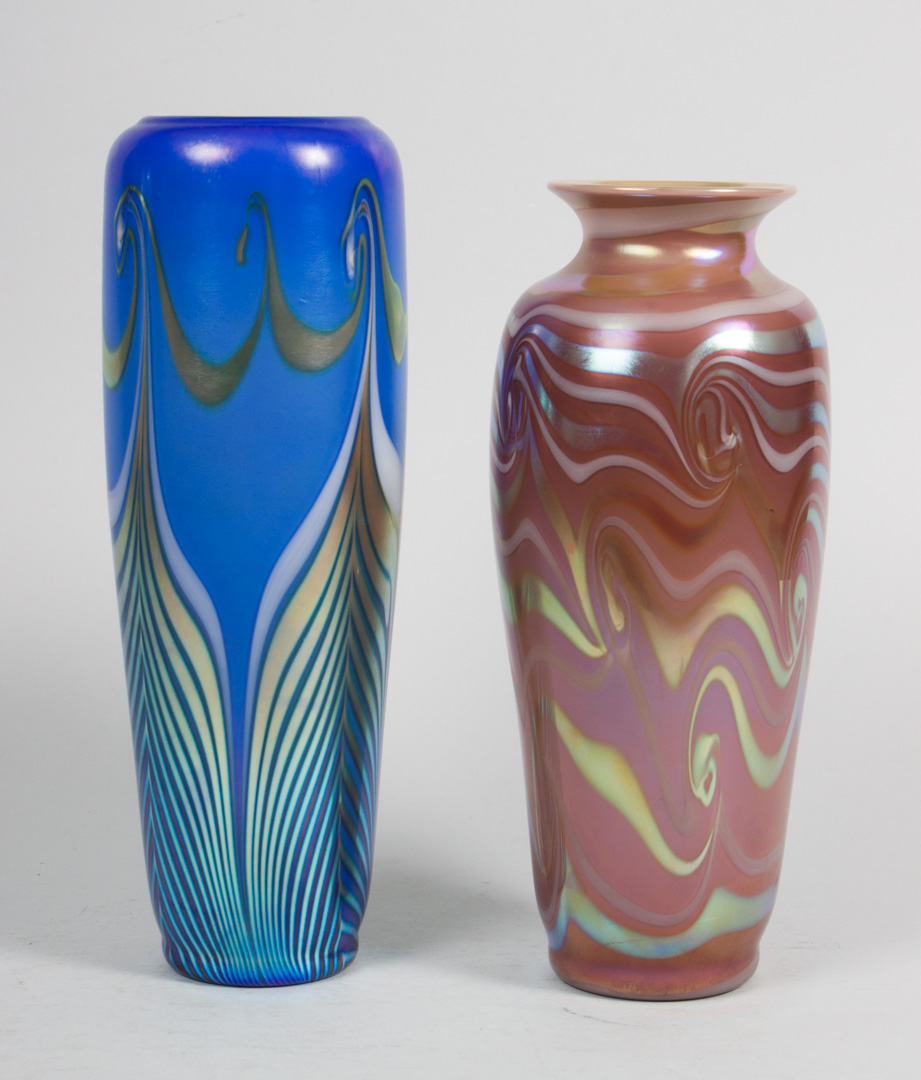 Appraisal: Two American contemporary art glass vases each with opalescent feather