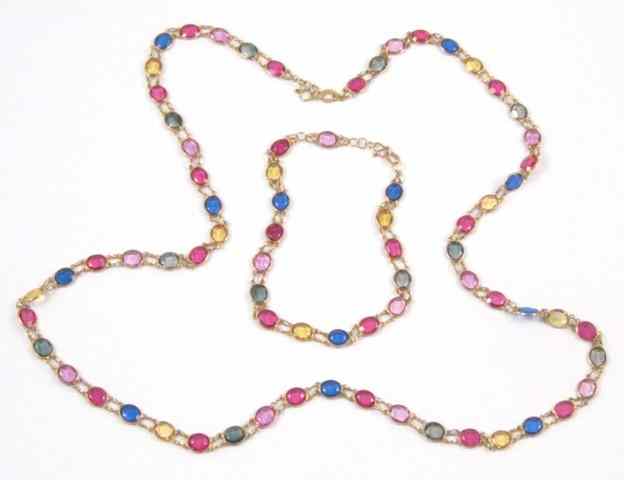 Appraisal: SYNTHETIC SAPPHIRE NECKLACE AND BRACELET the k yellow gold necklace