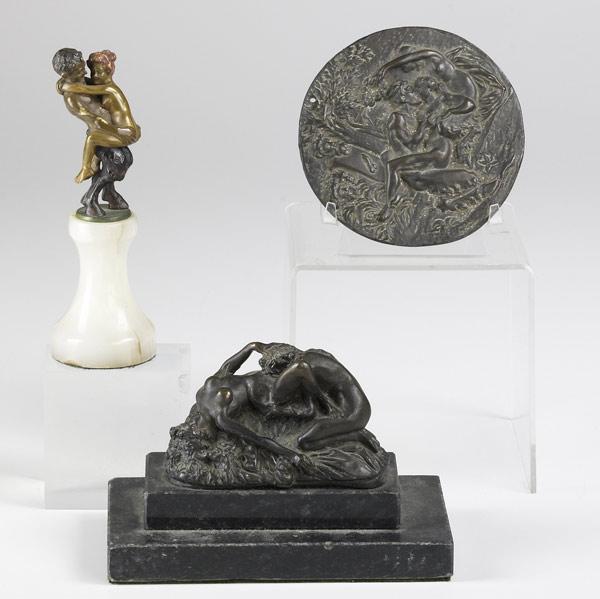 Appraisal: EROTIC BRONZES Three pieces include cold-painted on onyx base round