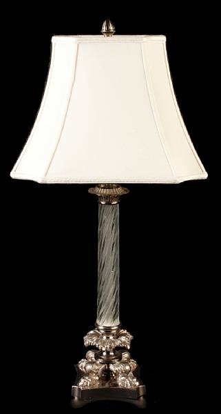 Appraisal: A Charles X style silvered metal column form table lamp