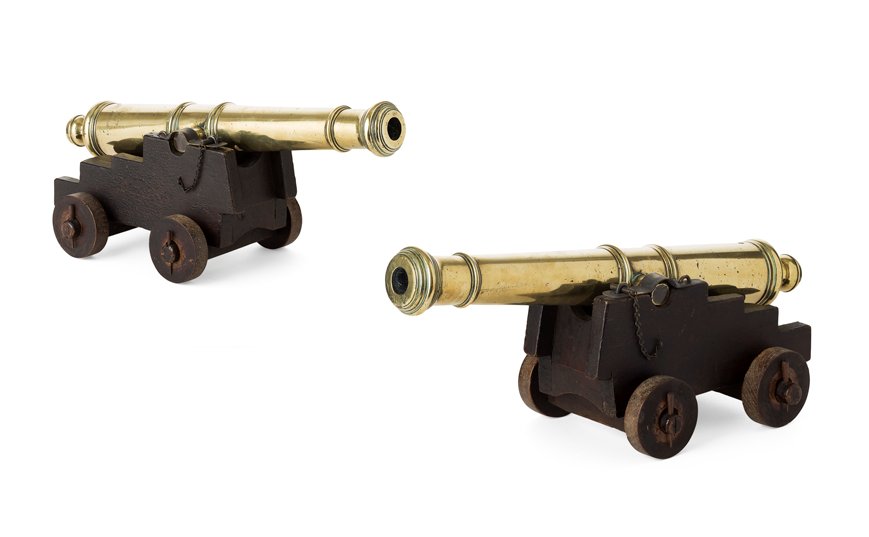 Appraisal: PAIR OF BRASS SIGNALLING CANNONS CIRCA each brass barrel raised