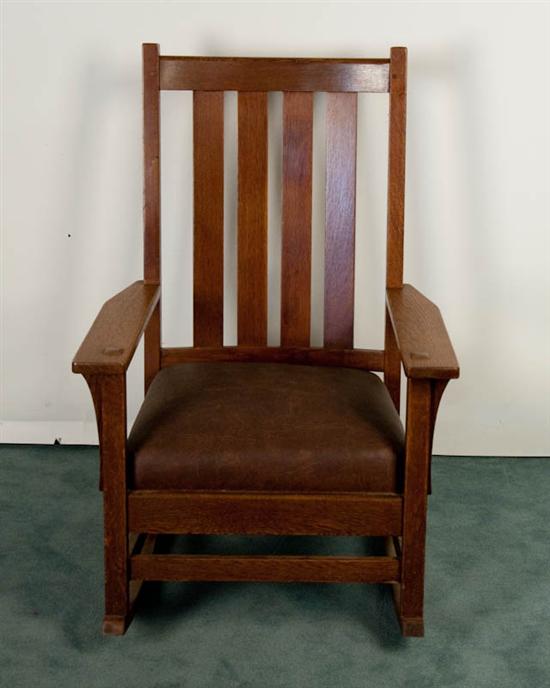 Appraisal: Stickley Oak Arts Crafts Highback Rocker cushion seat four vertical