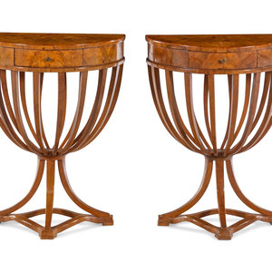 Appraisal: A Pair of Italian Neoclassical Style Burlwood Console Tables Mid-