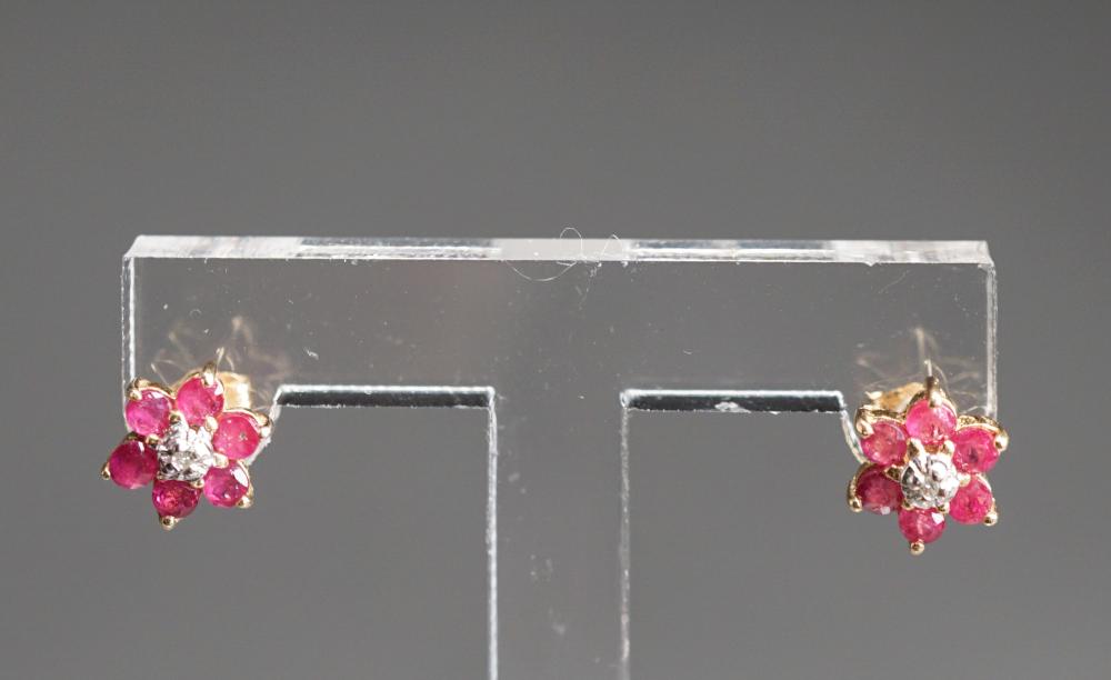 Appraisal: PAIR OF -KARAT YELLOW-GOLD DIAMOND AND RUBY PIERCED EARRINGSPair of