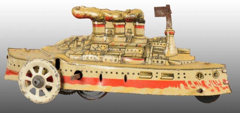 Appraisal: German Tin Wind-Up Battleship Boat Penny Toy Description Wind-up working