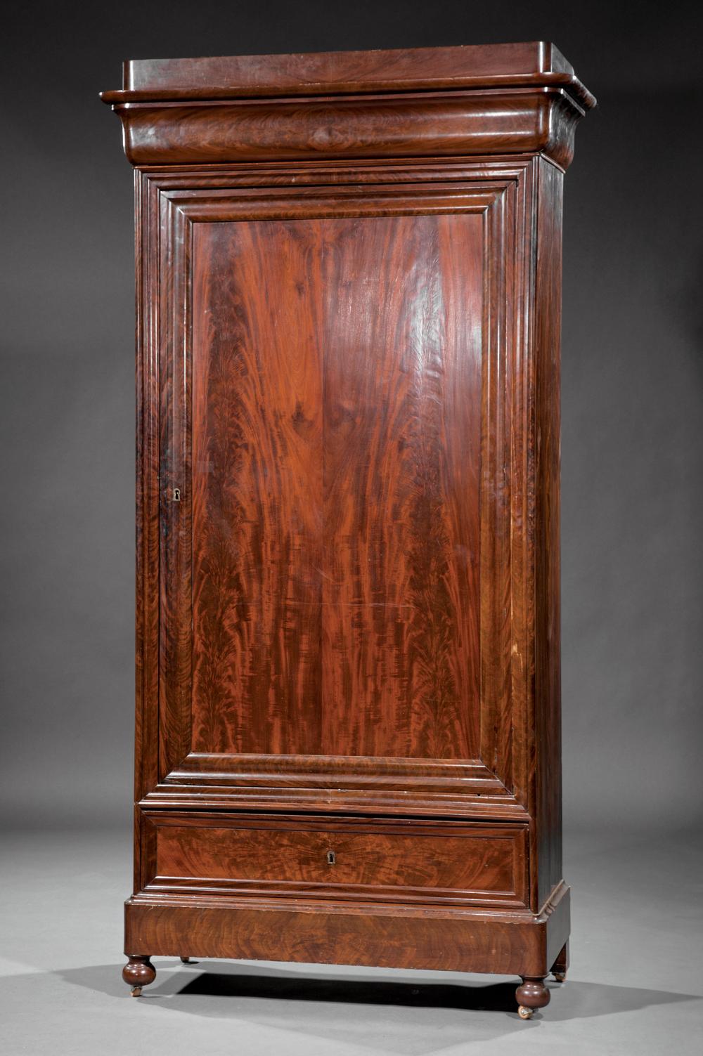 Appraisal: Louis Philippe Figured Mahogany Armoire th c stepped ogee cornice