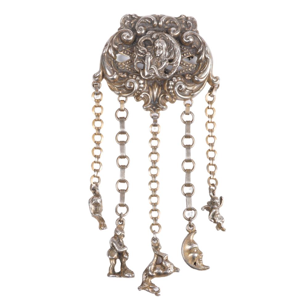 Appraisal: Leo glass silver repousse Art Nouveau chatelaine brooch with dangling