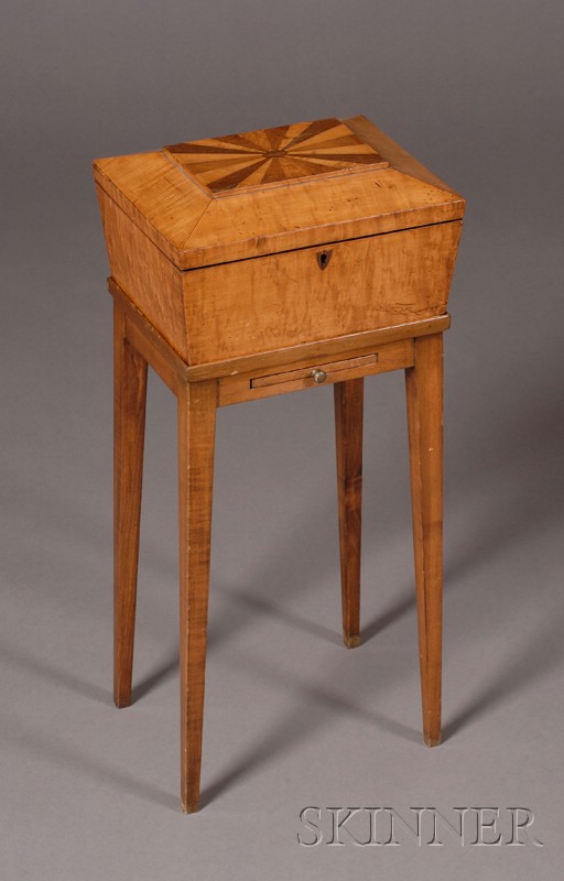 Appraisal: Inlaid Tiger Maple Sewing Box on Stand America early th