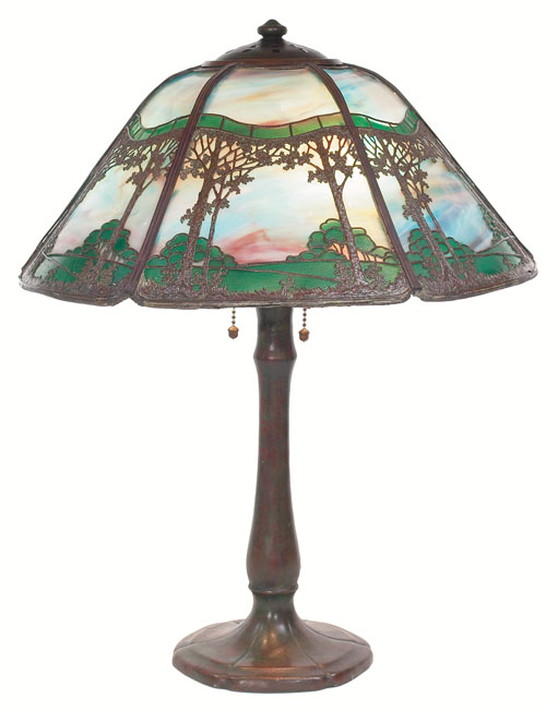 Appraisal: Handel table lamp slag glass shade with metal overlay featuring