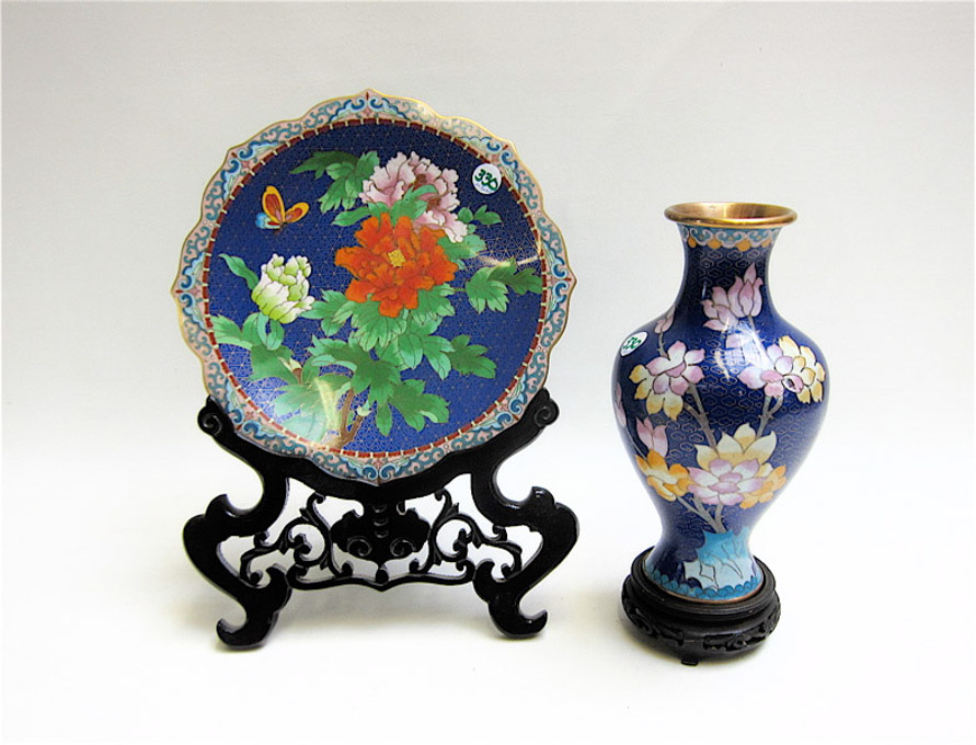 Appraisal: CHINESE CLOISONNE PLATE AND VASE having copper cloisons and each