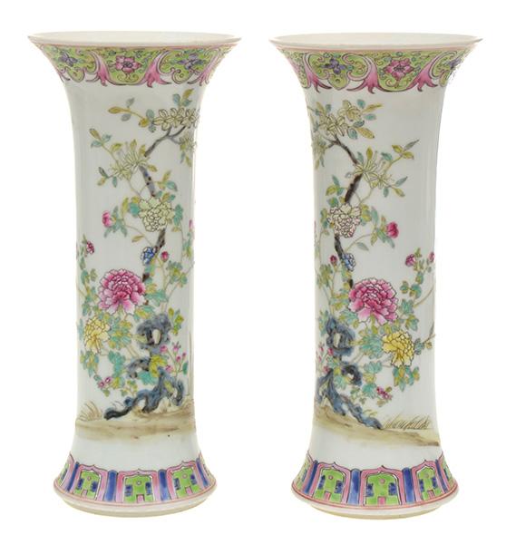 Appraisal: A PAIR OF FLUTED ENAMELLED FAMILLE ROSE VASES POSSIBLY XIANFENG