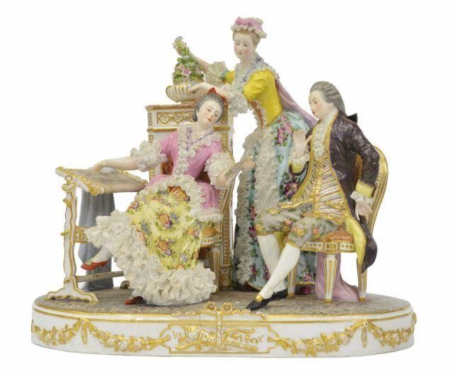 Appraisal: Meissen style porcelain figure group a salon scene with three