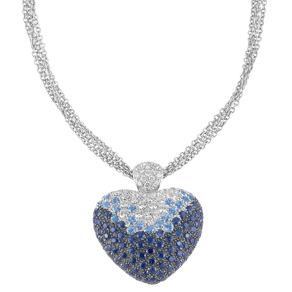 Appraisal: White Gold Sapphire and Diamond Heart Pendant with Triple Strand