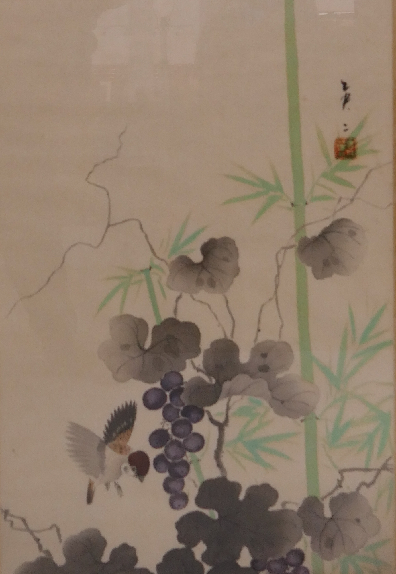 Appraisal: Old Japanese Grapes Watercolor on Silk Scroll Framed- x ''