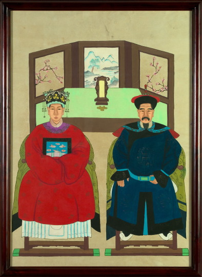 Appraisal: Chinese Double Ancestor Portrait th century gouache on paper depicting