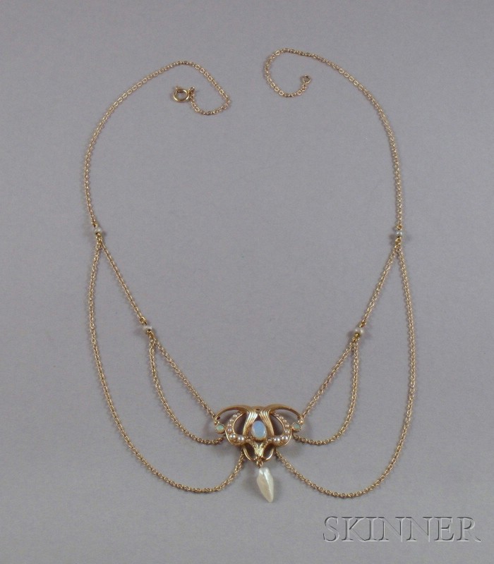 Appraisal: Art Nouveau kt Gold Opal and Seed Pearl Fringe Necklace