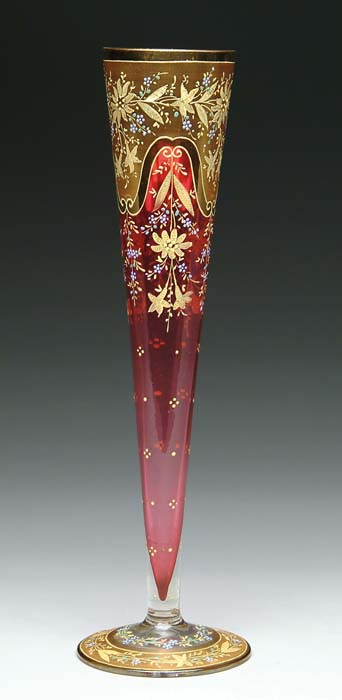 Appraisal: MOSER-TYPE TRUMPET VASE Cranberry glass with enamel and gold floral