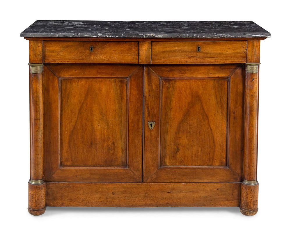 Appraisal: An Empire Gilt Metal Mounted Walnut Marble-Top Cabinet An Empire