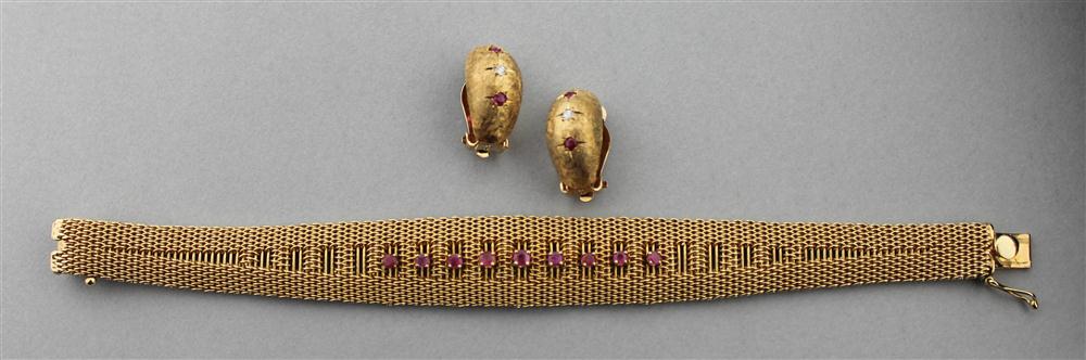 Appraisal: K GOLD WOVEN MESH BRACELET WITH RUBIES AND A PAIR