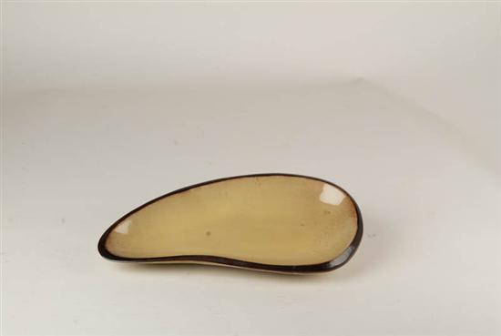 Appraisal: Jade Snow Wong Teardrop-shaped Pottery Dish mustard color glaze San