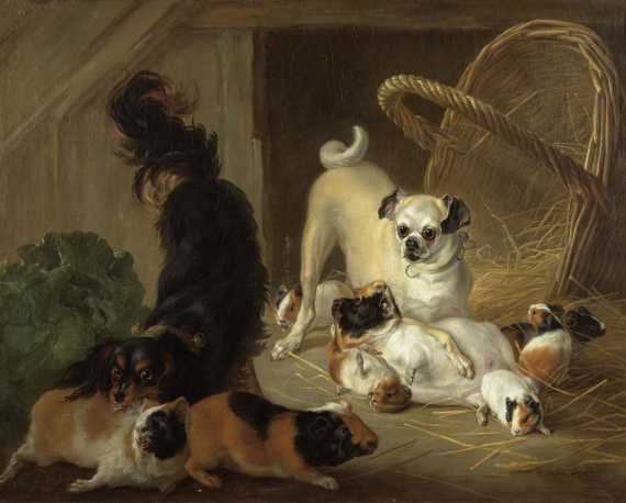 Appraisal: DAGUMERD CHARLES th century Dogs and guinea pig Oil on